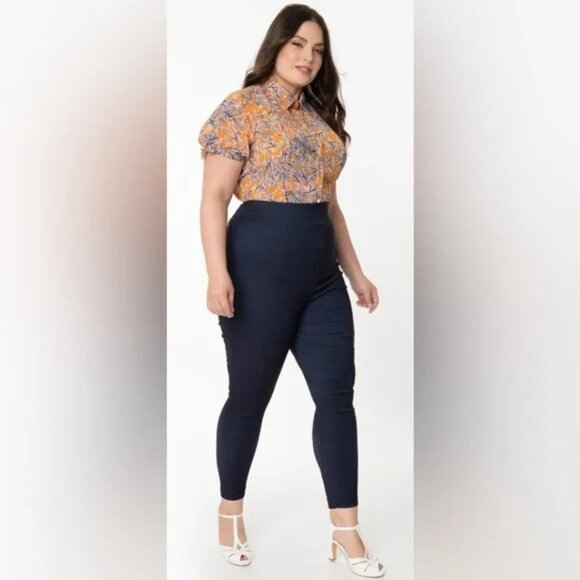 NWT 5X 26 Unique Vintage Dark Blue Denim High Waist Rizzo Cigarette Pants - Picture 3 of 9